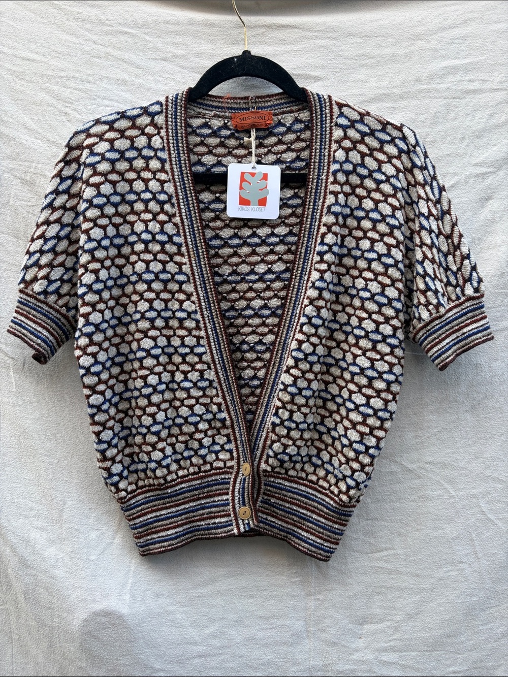 Missoni Short Sleeve Mosaic Button Cardigan - Blue, Brown, Cream